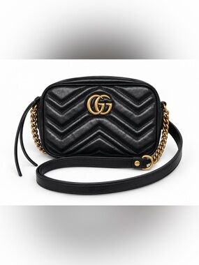 AUTHENTIC Gucci GG Marmont Mini Matelassé Black Leather Camera Crossbody B